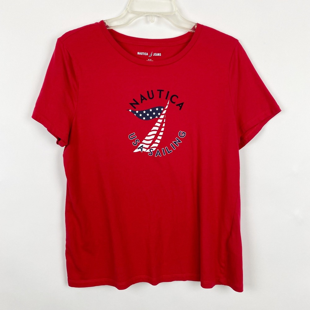 Nautica Jeans USA Sailing Graphic Short Sleeve Tee Womens Medium Red